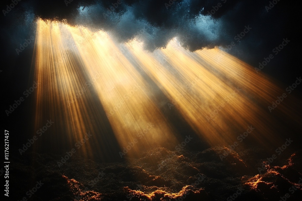 Poster a dramatic display of light beams piercing through dark clouds, creating a serene and mystical atmos