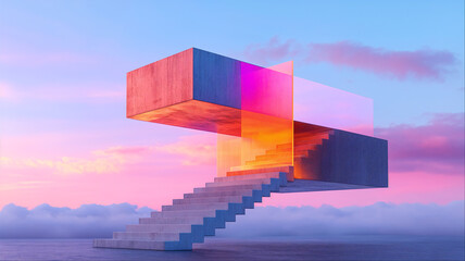 Abstract geometric architecture with gradient pink sky, Floating contemporary structure in surreal landscape
