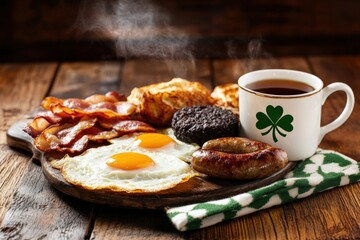 Traditional irish breakfast with bacon, sausages, eggs, black pudding, and coffee
