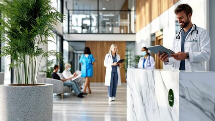 Modern Medical Reception Area with Friendly Doctor and Attentive Patients Engaged in Activities