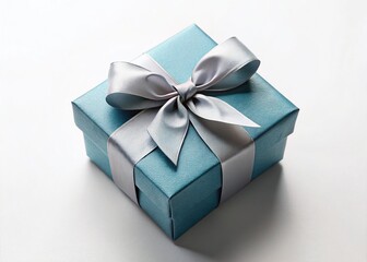 Obraz premium Elegant Grey-Blue Gift Box with Bow - Aerial View Stock Photo