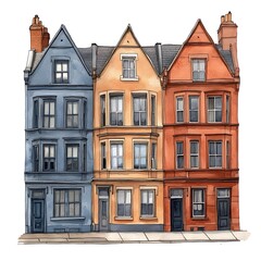 Fototapeta premium Watercolor Illustration of Three Colorful Victorian Townhouses on a City Street.