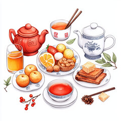 colorful watercolor of traditional tea set with snacks