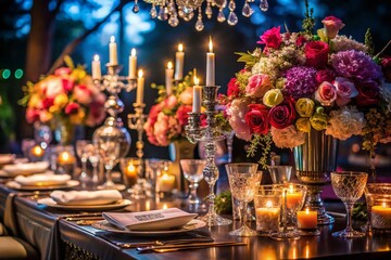 Elegant Night Banquet Table Setting with Flowers and Fine Chinaware