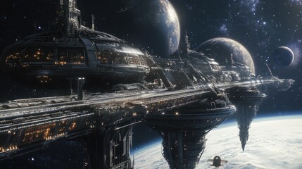 Gigantic Space Station Orbiting Planets