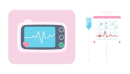 Medical Tools Icon Set. Bright icons of a heart monitor, IV drip, and patient chart.