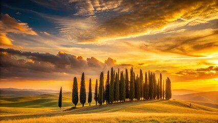 Golden Twilight Sky with Cypress Trees, sunset, beautiful, sunset, beautiful, nature, cypress trees,twilight sky