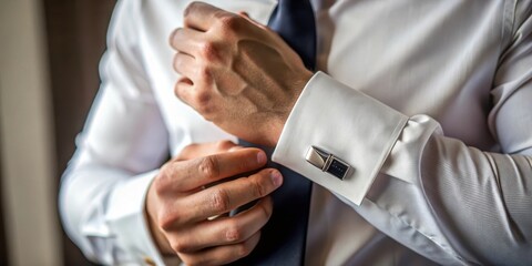 Fototapeta premium Close-up of groom securing cufflinks on his dress shirt sleeves