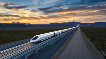 Futuristic high-speed train traveling through desert landscape under dramatic sunset sky