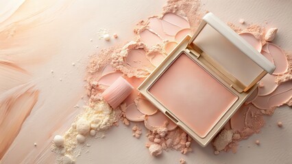 Soft, light pink and beige hues dominate a creamy luminous blusher smear on a porcelain-like background, creating an ethereal effect, luminous cheeks, peachy glow