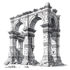 Fototapeta premium Detailed Ink Drawing of a Ruined Ancient Roman Archway.
