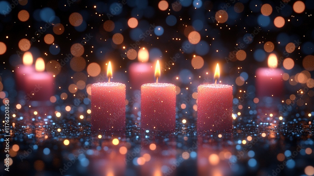 Poster a serene arrangement of lit candles surrounded by sparkling bokeh lights, creating a warm and inviti