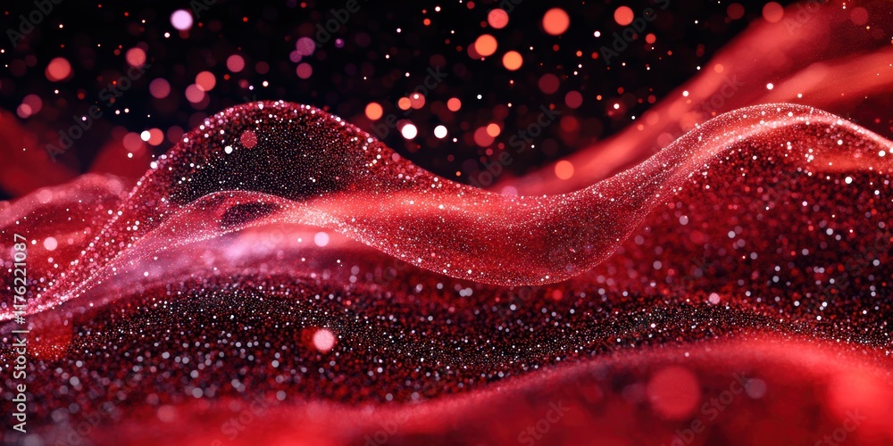 Poster dynamic red particles flowing through vibrant waves abstract art digital environment close-up view m