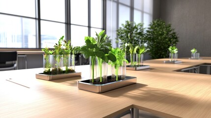 Obraz premium Modern office with plants in glass containers, promoting greenery.