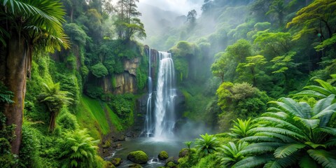 Dense forest with a misty waterfall cascading down a rocky cliff, surrounded by lush greenery and ferns , scenery