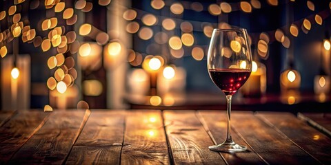 wine glass with blurred lights on a wooden table in a dimly lit room, wooden table, wine glass,  wooden table