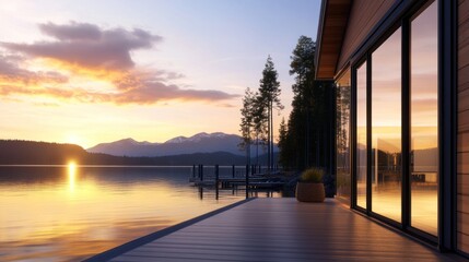 Serene lakeside sunset view from a modern wooden deck.