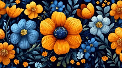 Vibrant orange and blue floral design.
