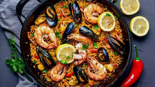 A plate of seafood paella dish brimming with shrimp, mussels, and flavorful saffron rice. Garnished with fresh parsley and lemon wedges.