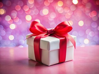 Obraz premium Elegant White Gift Box with Red Bow on Pink Background - Birthday Present