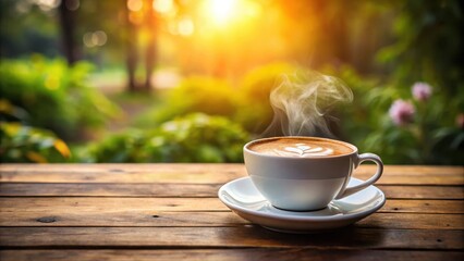 Obraz premium A steaming cup of cappuccino coffee on a wooden table, with a blurred background and soft morning light , cappuccino, steam