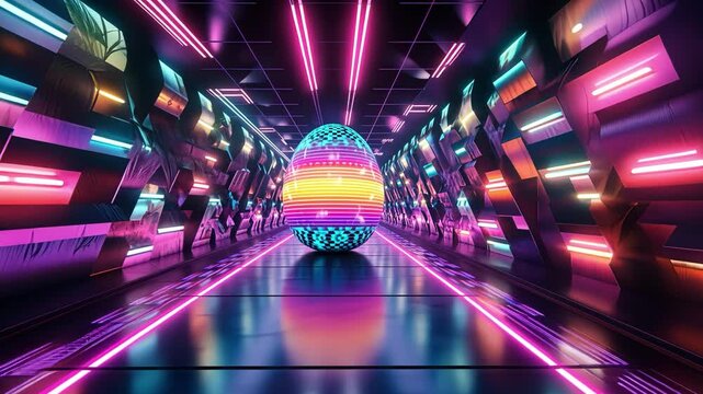Pushing towards futuristic disco striped neon Easter egg in a hallway of flowers and neon for Easter themed EDM concert advertisement.