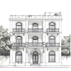 Architectural Sketch of a Three-Story Building with Balconies and Ornate Details.