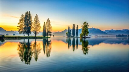 Obraz premium serene lake scene with cypress trees reflected in water's surface at dawn
