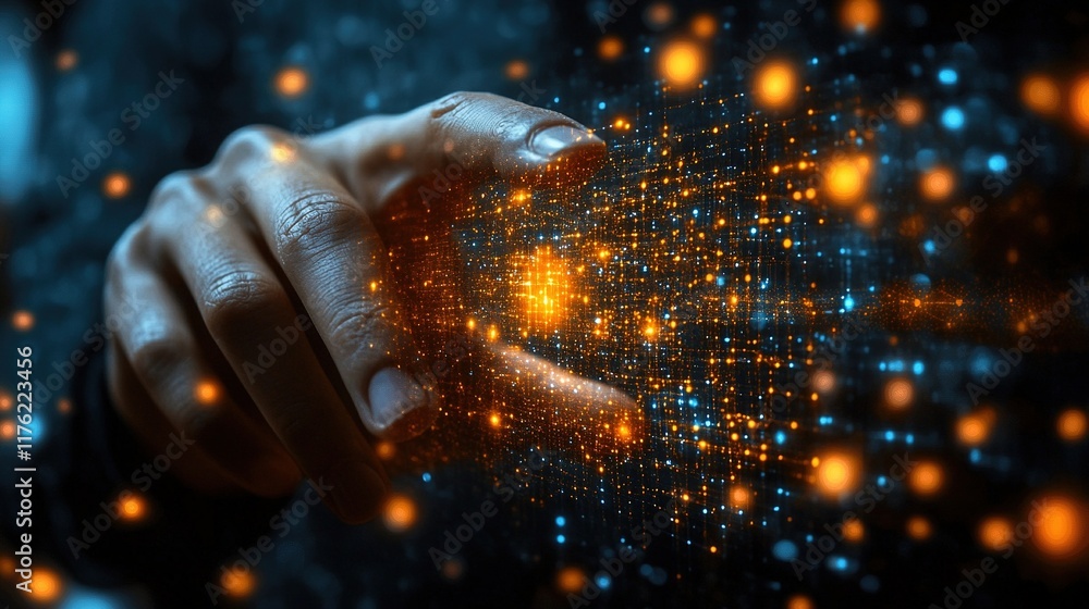 Poster a hand interacts with a digital interface of glowing particles, symbolizing technology and innovatio