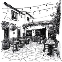 Sketch of a charming outdoor restaurant patio with stone flooring, string lights, and lush greenery.