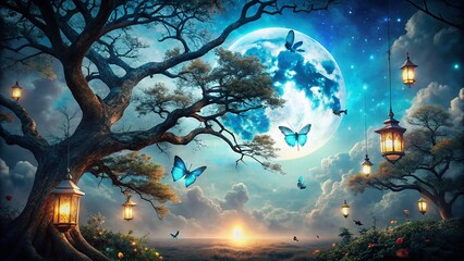 Obraz premium Enchanting Forest Night: Full Moon, Silhouetted Tree, Glowing Butterflies