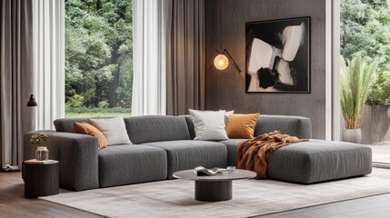 A living room with a large sectional couch, a coffee table, and a black
