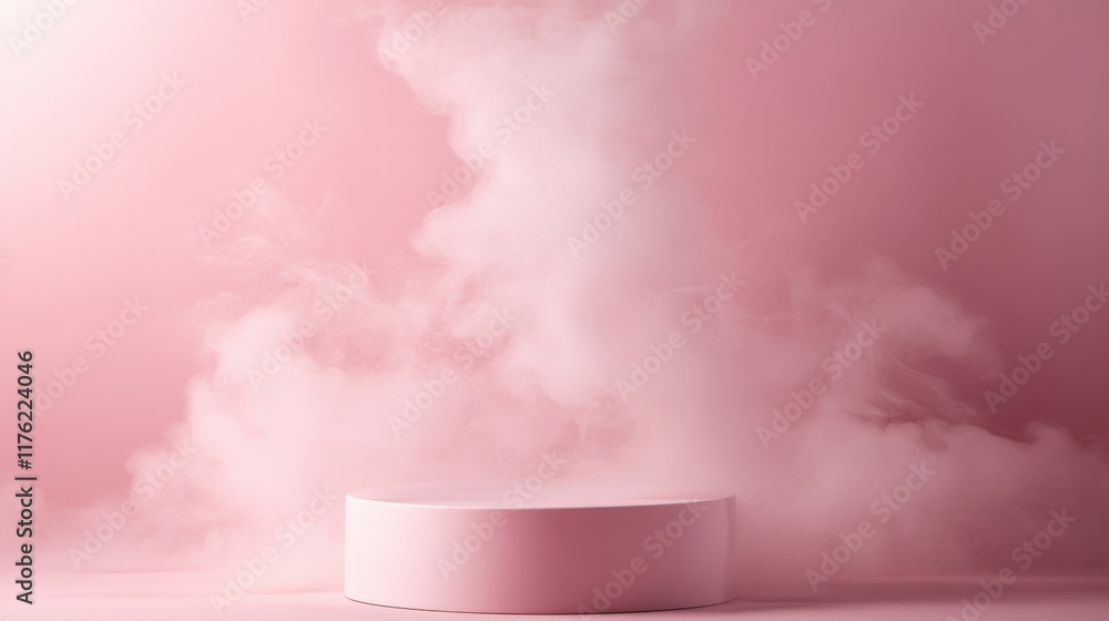 Poster elegant pink smoke display on round platform in studio setting for creative visuals