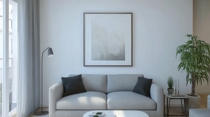 A living room with a white wall and a grey couch