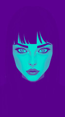 Behold a digital masterpiece featuring a striking woman with intense eyes, full lips, and luscious black locks. A modern graphic style.