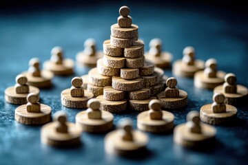 Fototapeta premium Abstract Concept of Leadership and Teamwork Represented by Wooden Figures and Stacked Discs on a Blue Surface
