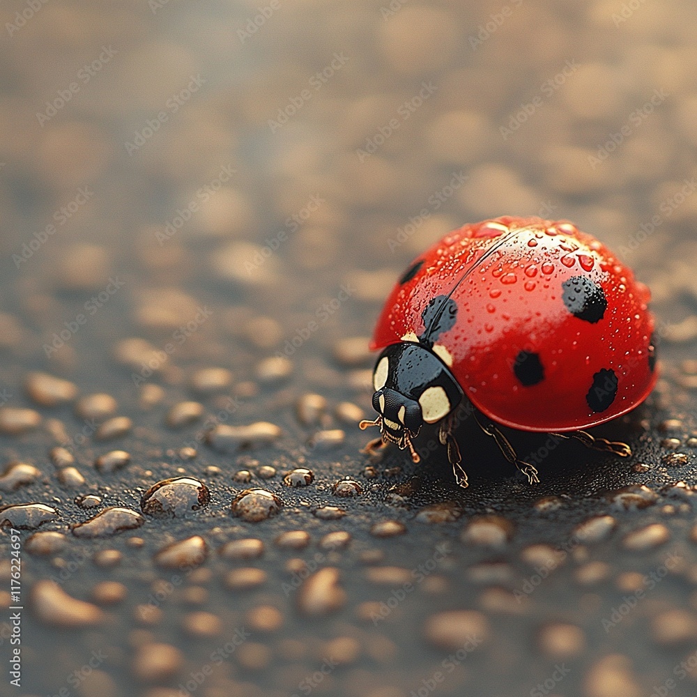 Poster a close-up of a ladybug with droplets on its shell, resting on a wet surface.
