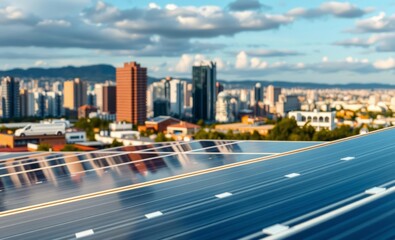Naklejka premium cityscape, solar panels, modern skyscrapers, urban landscape, blue sky, fluffy clouds, waterfront, coastal city, renewable energy, sustainable architecture, sun-drenched, reflective buildings, clean e