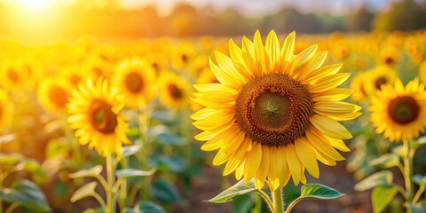 Bright yellow sunflower fields on a warm sunny day with blurred background