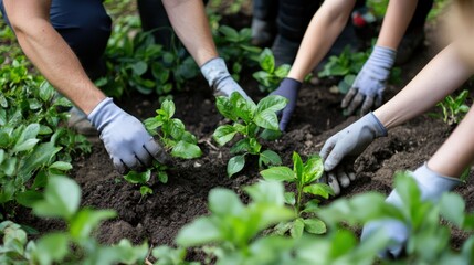 A group of people are planting a garden