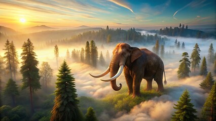 Naklejka premium Extinct Columbian Mammoth in Foggy Pleistocene Landscape - 3D Rendered Drone Aerial View