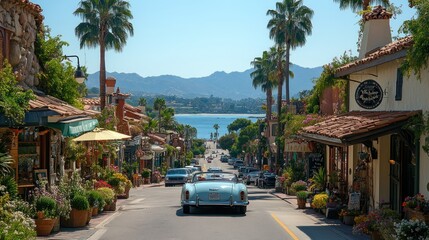 Obraz premium Scenic street view with a vintage car, palm trees, shops, and a lake in the background.