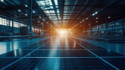 Bright and Spacious Industrial Warehouse with Solar Panels Reflecting Sunlight, Modern Design and Efficient Energy Solutions for Sustainable Practices