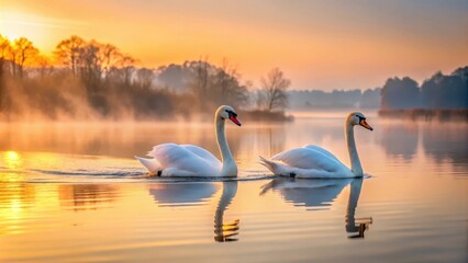 Fototapeta premium Two swans gracefully gliding together on a serene lake surface at dawn, bird couple, tranquility, bird couple, tranquility