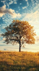 Fototapeta premium Single tree in field at sunrise, nature and wilderness photography
