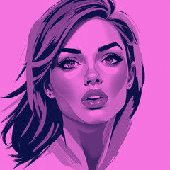 Stylized digital illustration of a woman with striking features, including bold, vibrant colors tones. Dynamic strokes depict her hair in shades. Modern graphic.