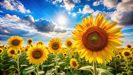 Obraz premium Bright yellow sunflowers stand tall amidst a blurred sunny landscape with vibrant blue sky and fluffy white clouds, capturing the beauty of nature's grandeur, natural beauty, bright yellow