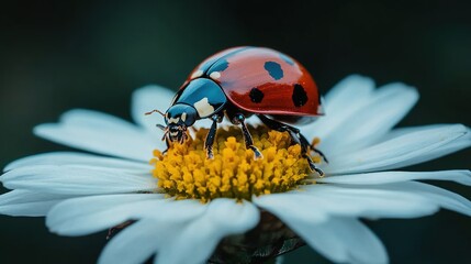 Fototapeta premium A close-up of a ladybug perched on a daisy, highlighting nature's beauty and the importance of pollinators.