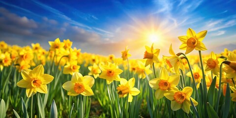 Field of yellow daffodil flowers swaying gently in the breeze on a sunny day, spring, sunshine