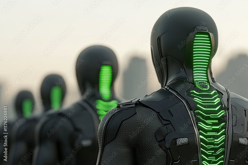 Aufkleber a row of futuristic humanoid figures with glowing green spines, suggesting advanced technology or ro